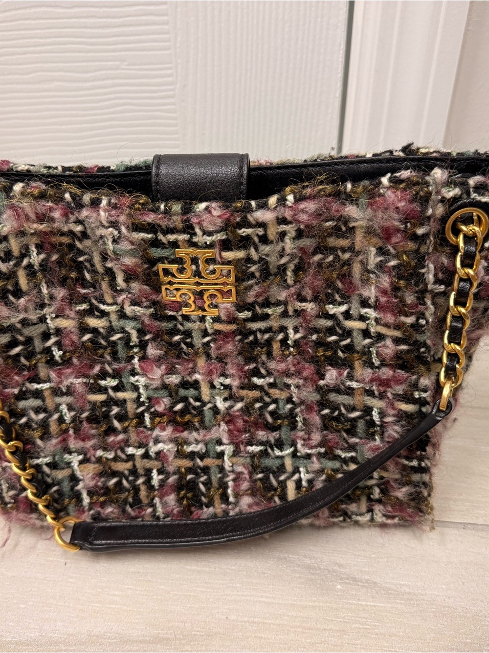 Tory Burch Multicolor Tweed Tote with Gold Chain Logo